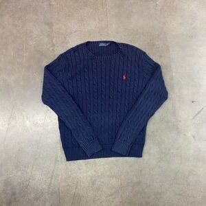 Polo Ralph Lauren Cable Knit Cotton Sweater Navy Blue Pony Logo Mens Size XL